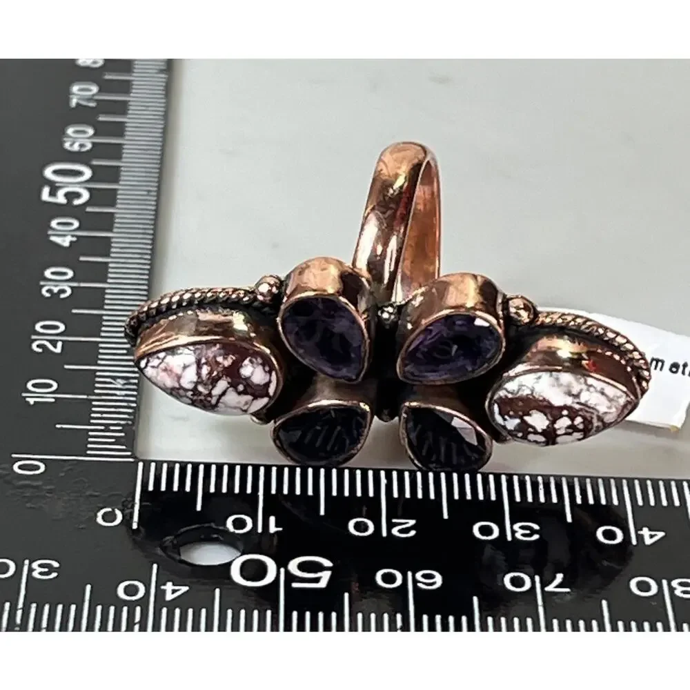 Wild Horse Turquoise Amethyst Copper Cluster SW Statement Ring Adj Sz Handmade